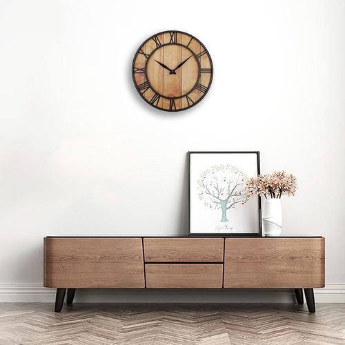 木制复古壁钟创意铁艺木质钟简约客厅挂钟客厅圆形欧式挂表时钟-阿里